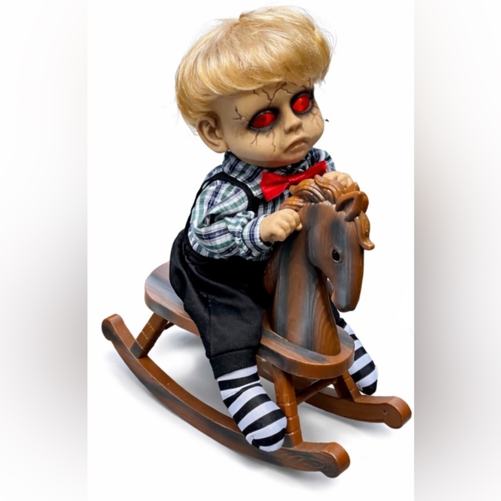 Animated Haunted Doll Rocking Horse Halloween Decoration Light Up Creepy Prop